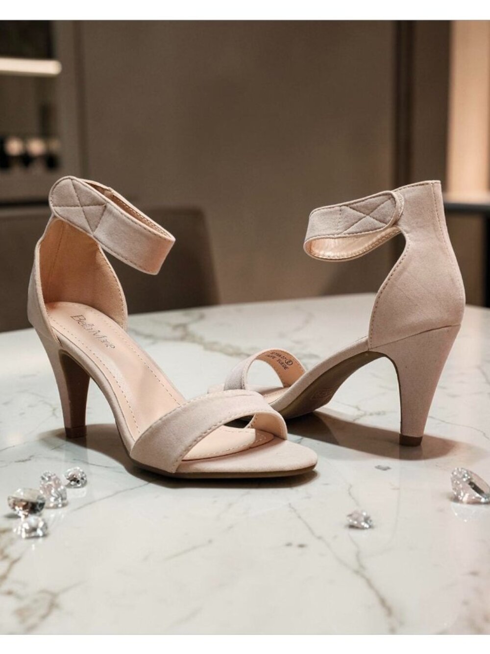 Taupe Suede Open-Toe Heels With Ankle Strap Bella Marie Brand